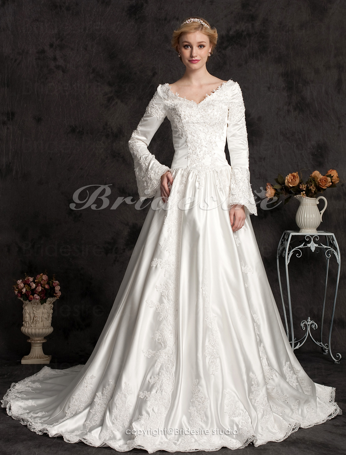 Bridesire - Ball Gown Long Satin Sleeve Luxury V-neck Wedding Dress