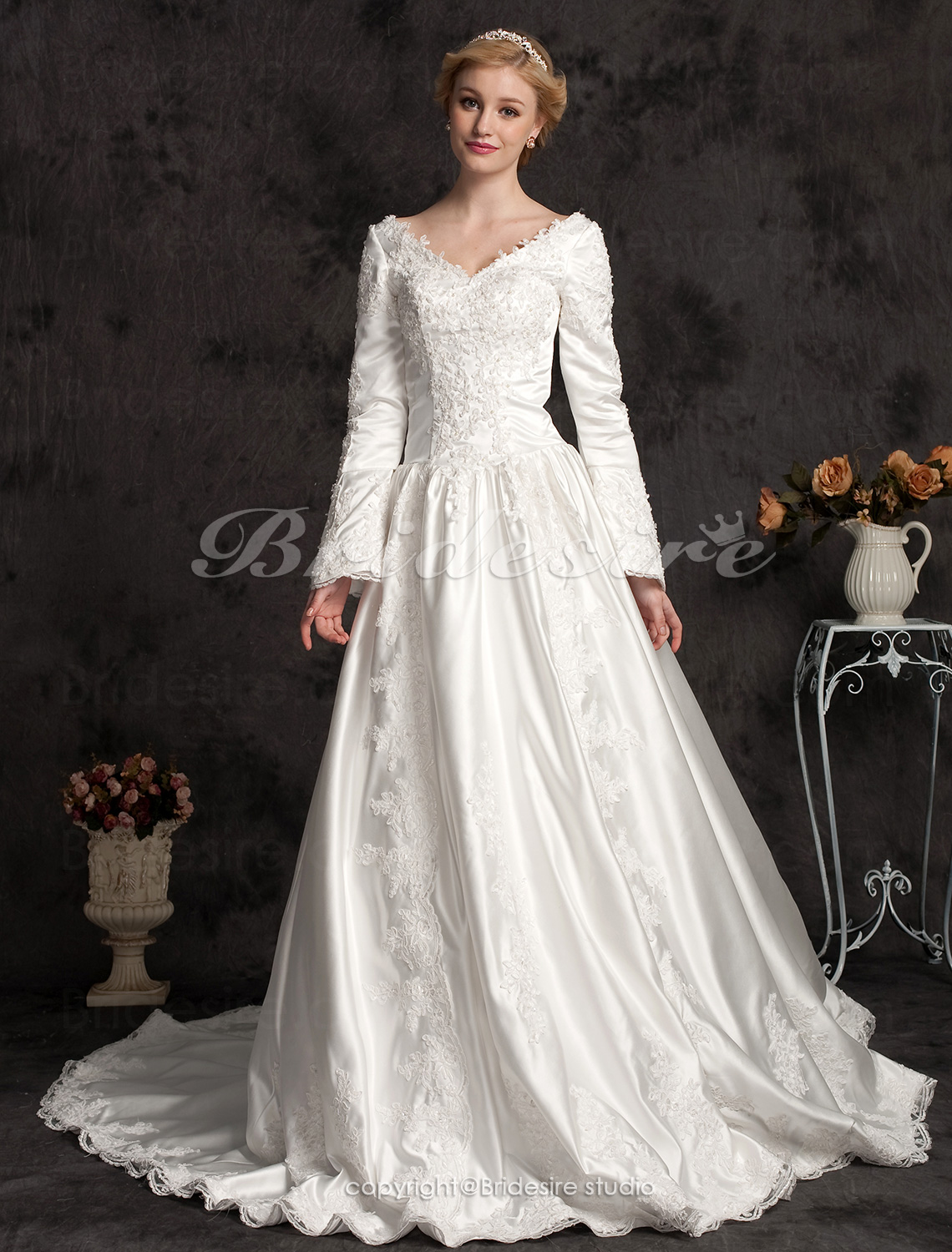 Bridesire - Ball Gown Long Satin Sleeve Luxury V-neck Wedding Dress